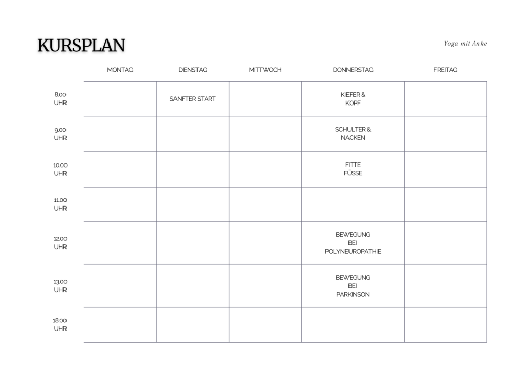 yogatherapie anke schneider coaching Starte deinen Tag mit Ruhe, Leichtigkeit und neuer Energie. In diesem 45-minütigen Morgen-Yogakurs erwartet dich eine sanfte, achtsame Praxis, die Körper und Geist liebevoll auf den Tag vorbereitet.